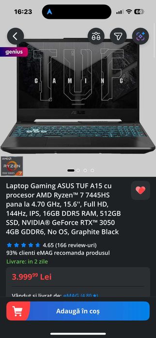 Laptop Gaming ASUS TUF A15 sigilat