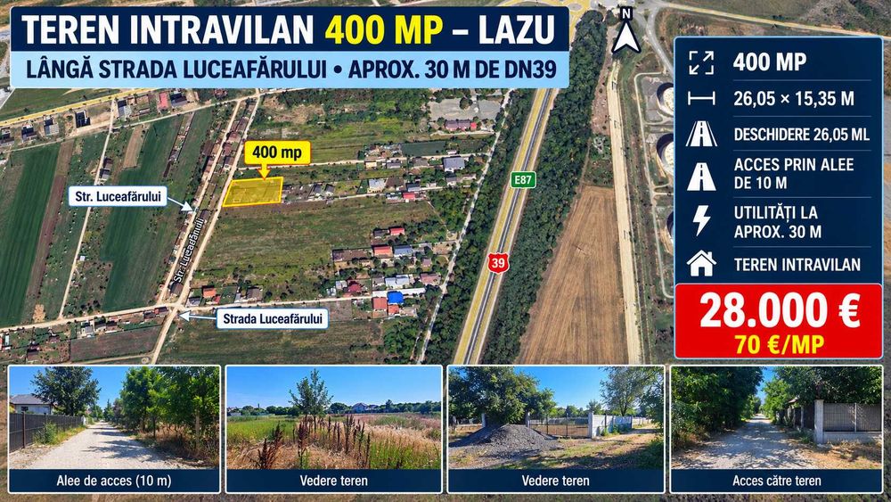 Teren Intravilan 400 mp – LAZU, Langa strada Luceafarului – 26,05 ml deschidere