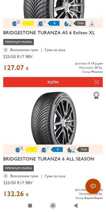 1 брой всесезонна гума  225/50/17 Bridgestone Turanza All Season 6
dot23