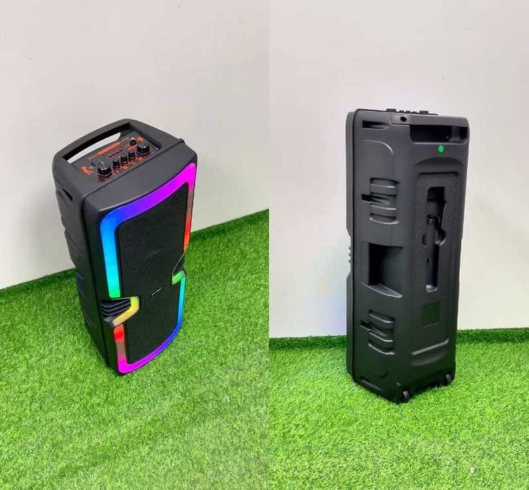 Активна Караоке Тонколона 2х8 инча с Безжичен Микрофон и RGB светлини