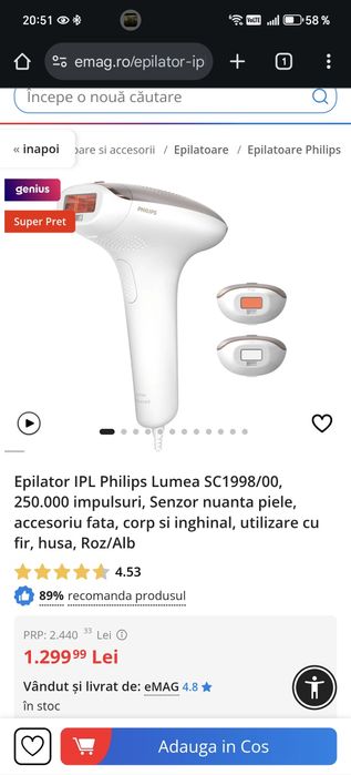 Vand Philips Lumea Sc 1998 impecabil