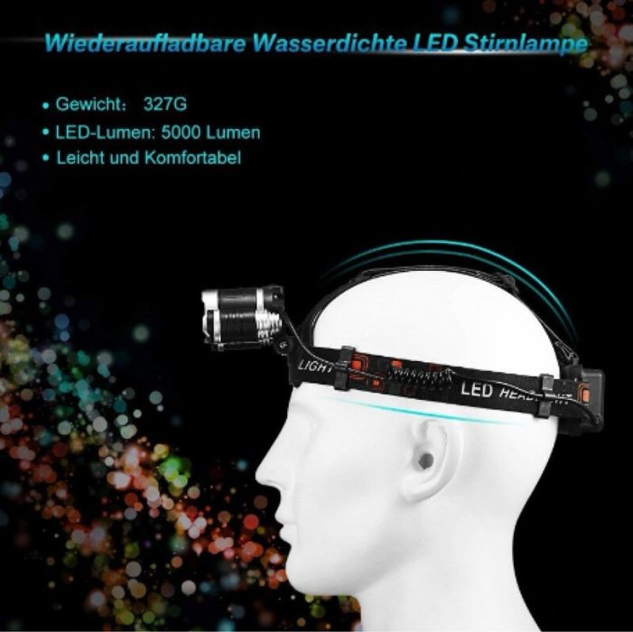 USB LED челник 5000 Lm, Осветителна площ 400 м, Регулируем