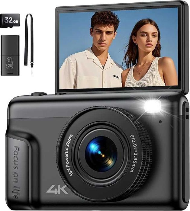 Digital Camera 4K for Photography Vlogging: 64MP Compact Photo Camera for Video 180° фотоапарат