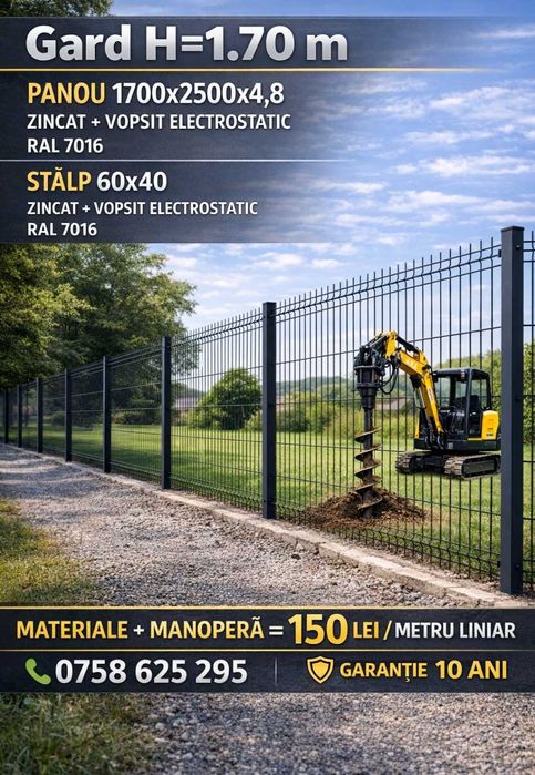 Constructie gard / Gard din plasa zincata   H2m  montaj gard  120 lei