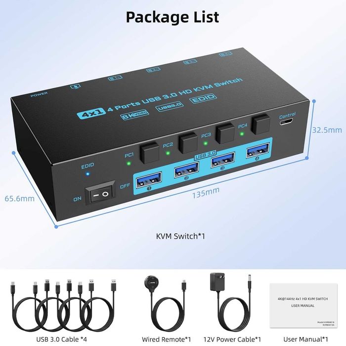 Switch KVM HDMI 2.1 8K 60Hz 4K 144Hz 4 Porturi PC 1 Monitor Hub USB 3.0 5Gbps DXchip Emulator EDID Telecomanda Fir Carcasa Metalica Gaming Produs Nou