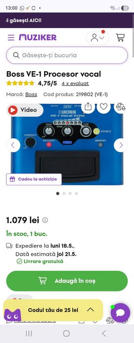Procesor vocal Boss VE-1 Vocal Echo