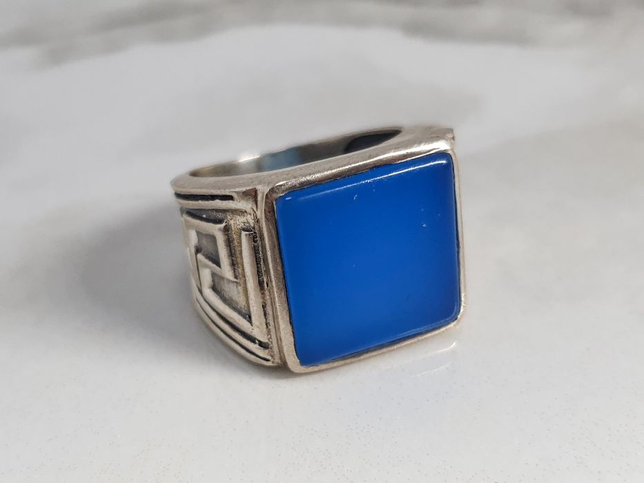 Inel tip pecete (signet ring) bărbătesc din argint 925 cu onix albastru – mărimea 60 – 13,92 g