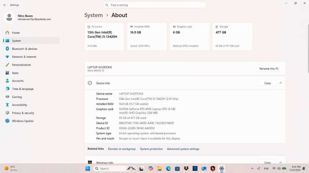 Ноутбук Acer Nitro V15 Intel Core i5-13420H RTX 4050 8GB 15.6 650$