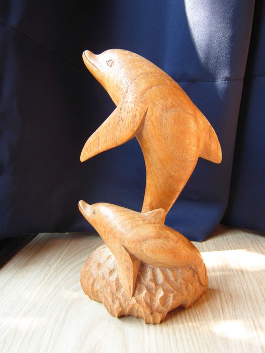 cadou rar feng shui Delfini sculptura superba vintage lemn