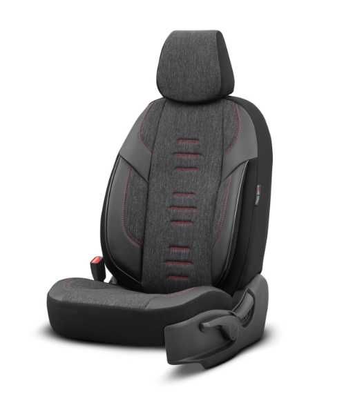 Луксозна тапицерия OTOM текстил с еко кожа THRONE Design – Черна с червен шев