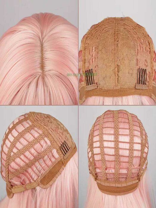 Къса плътна розова перука с бретон