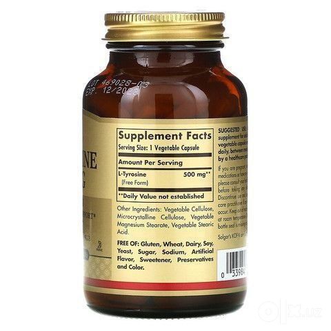 L- Тирозин, Solgar, L-Tyrosine
500 мг
100 растительных капсул