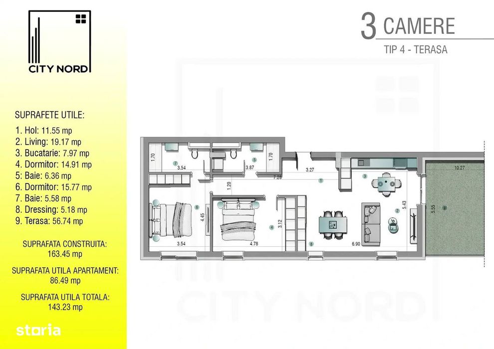 Ap Premium 3 Camere cu Terasă de 56 mp - Bloc cu Lift