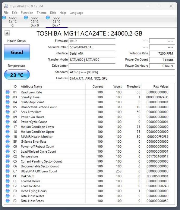 HDD 24TB Toshiba Enterprise Capacity SATA3 nou, 0 ore, 0 bytes