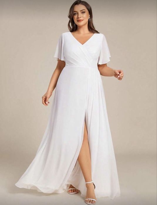 Бяла елегантна рокля за сватба, годеж или бременност, булчинска