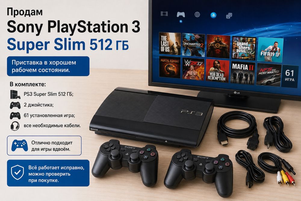 PS3 Super Slim 512GB + 61 игра + 2 джойстика | Отличное состояние