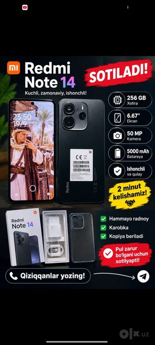Redmi not 14bor hammayo radnoy karobka yo 2mln keliwamz xotira 256