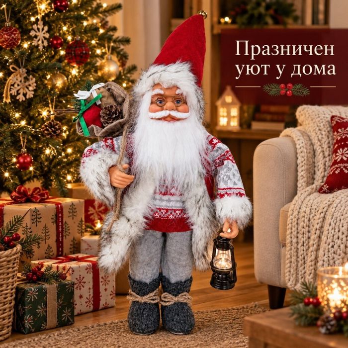 Дядо Коледа 60 см – Стояща коледна декоративна фигура с фенер и чувал