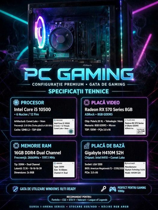 PC Gaming i5-10500 6Core 12Threads + RX 570 8GB - 16GB RAM - 5x Ventilatoare RGB - GTA V, FiveM, Fortnite 100+ FPS