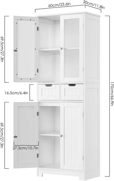 Висок шкаф за баня, стъклена врата и рафтове, 2 чекмеджета, бял