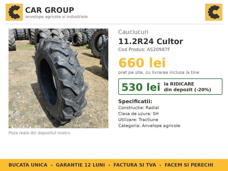 Cauciucuri 11.2R24 280/85R24 Cultor Anvelope Tractor Fata SH OFERTA Garantie Factura John Deere