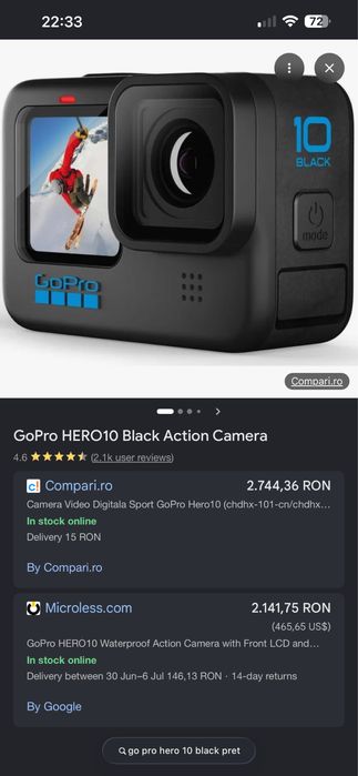 Camera video sport GoPro Hero10 Black Camera de Actiune 5.3K 23MP