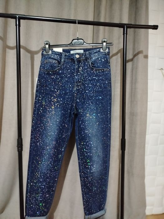 Дамски дънки балон, камъни, mom fit, с широк крачол и слим