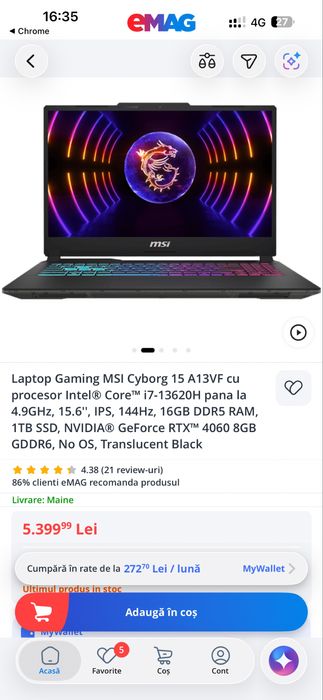 Laptop Gaming MSI cyborg 15+pad-uri racire 3 buc Gratis