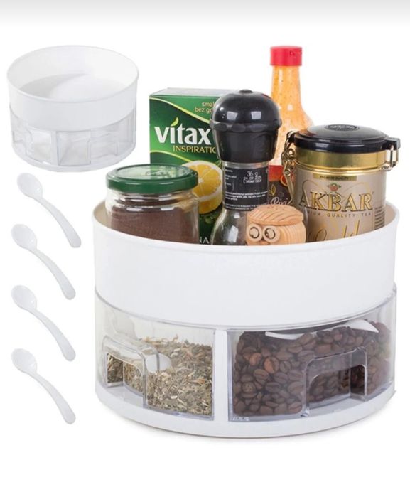 Organizator rotativ pentru bucatarie, cu sertare de condime
