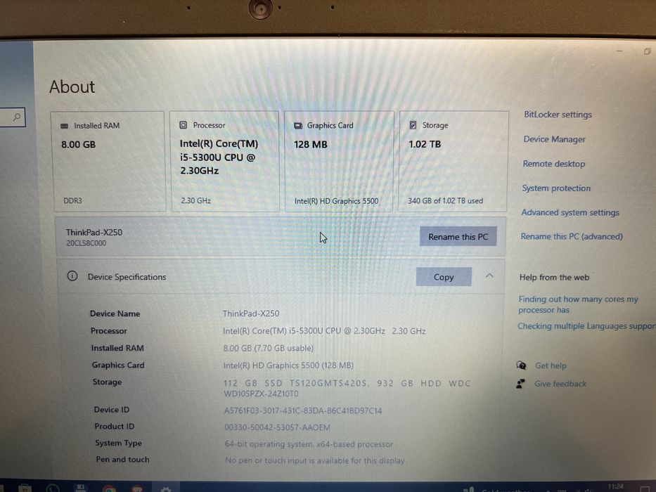 Lenovo thinkpad x250 i5 diagnoza