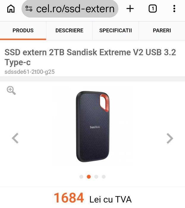 SSD extern Sandisk Extreme® Portable V2, 2TB, NVMe, USB 3.2 Gen 2, protectie IP55
