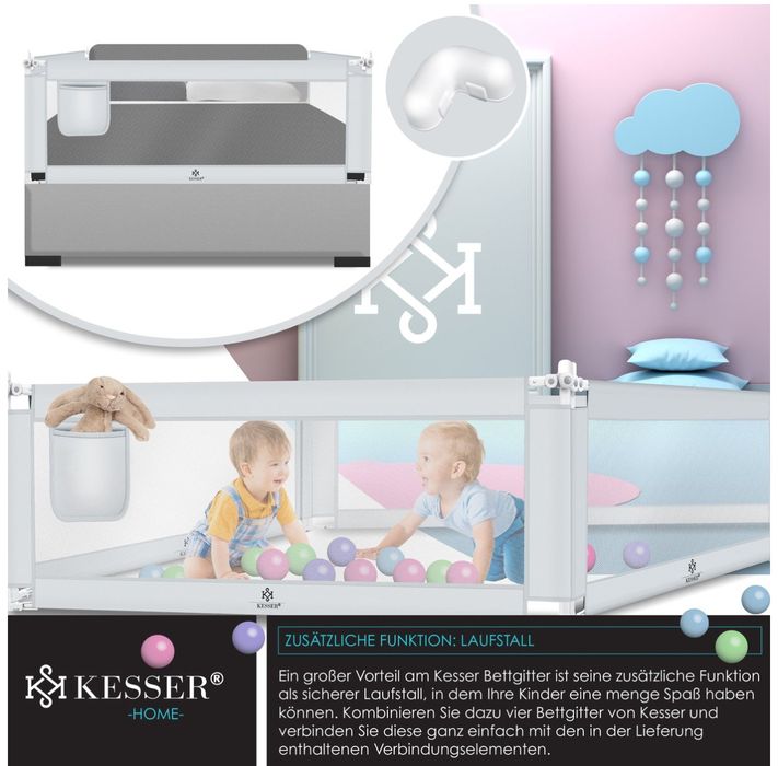 Защитна ограда за детско легло, размери 200 см x 44 см x 72-96 см