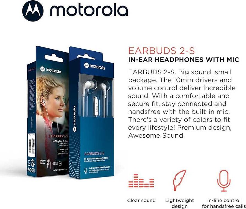 Кабелни слушалки Motorola с микрофон - Earbuds 2-S, 3.5мм жак