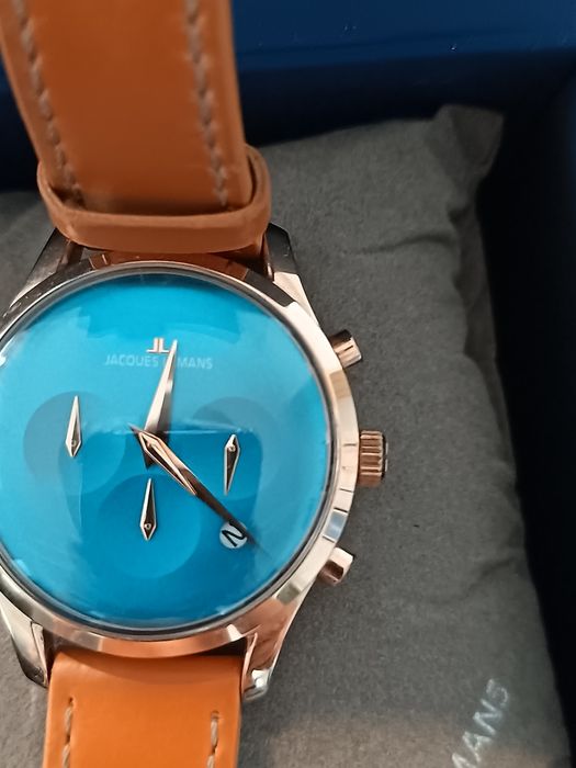 Ceas Jacques Lemans cronograf, cadran turcoaz, curea piele – purtat putin, doar la ocazii, cu cutie