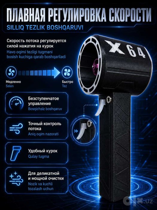Воздуходувка X64 бесщёточная 800Вт, 1400г, 8000мАч турбофен ветродуйка