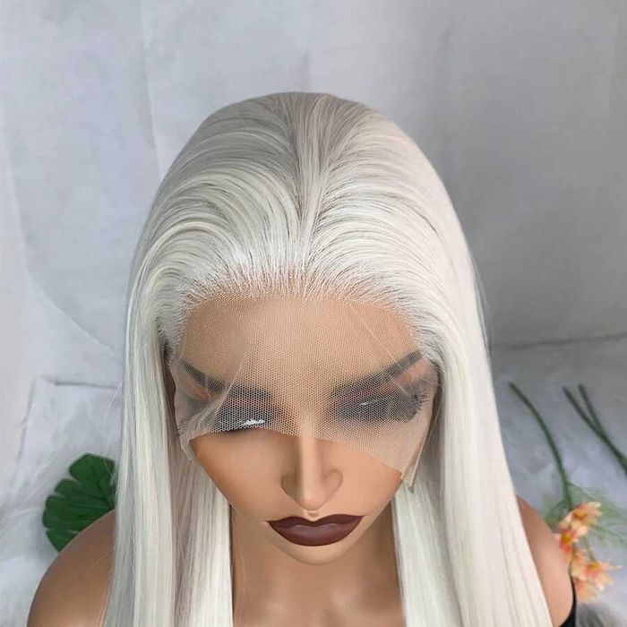 Платинено руса Lace Front перука - дълга права коса 80 см, термоустойчива, дантела 13×4