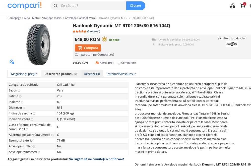 4 Anvelope HANKOOK DYNAMIC MT 205/80 R16