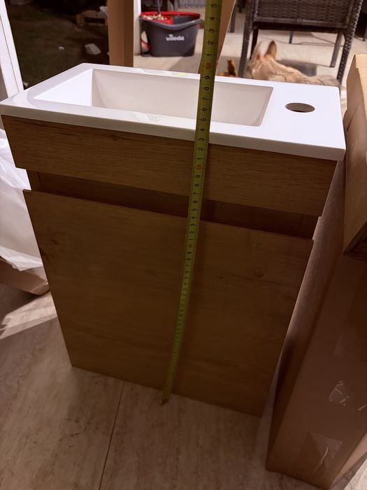 Set mobilier baie Kometmöbel 40 cm cu lavoar și mască, alb lucios, preasamblat
