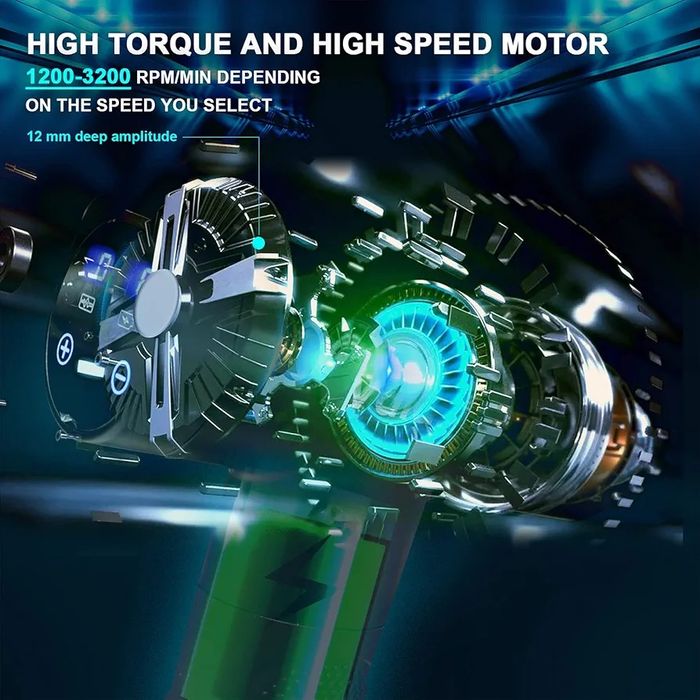 Масажен пистолет, 12 глави, 30 скорости, LCD екран, 6 часа автономност