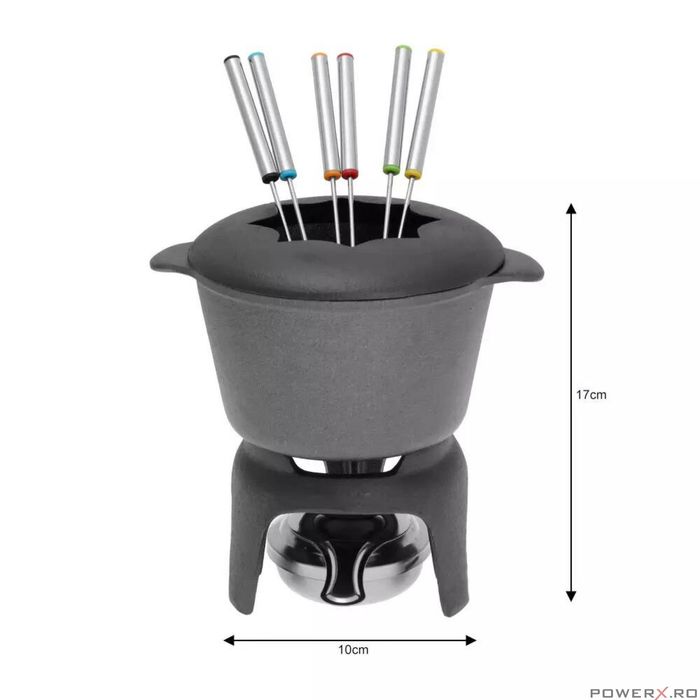 Set fondue, pentru branzeturi, ciocolata, cu 6 furculite, din fonta,