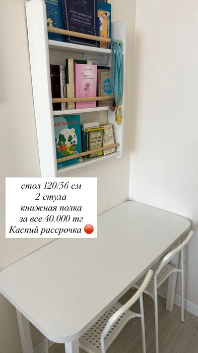 Стол стулья полка книжная