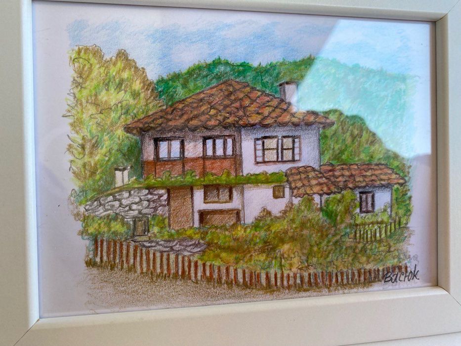 Ръчна изработка. Картината е ръчно рисувана. Стара къща Боженце