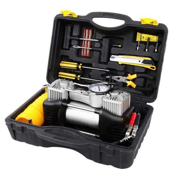 Двуцилиндров компресор за гуми в куфар с инструменти Мощен компресор