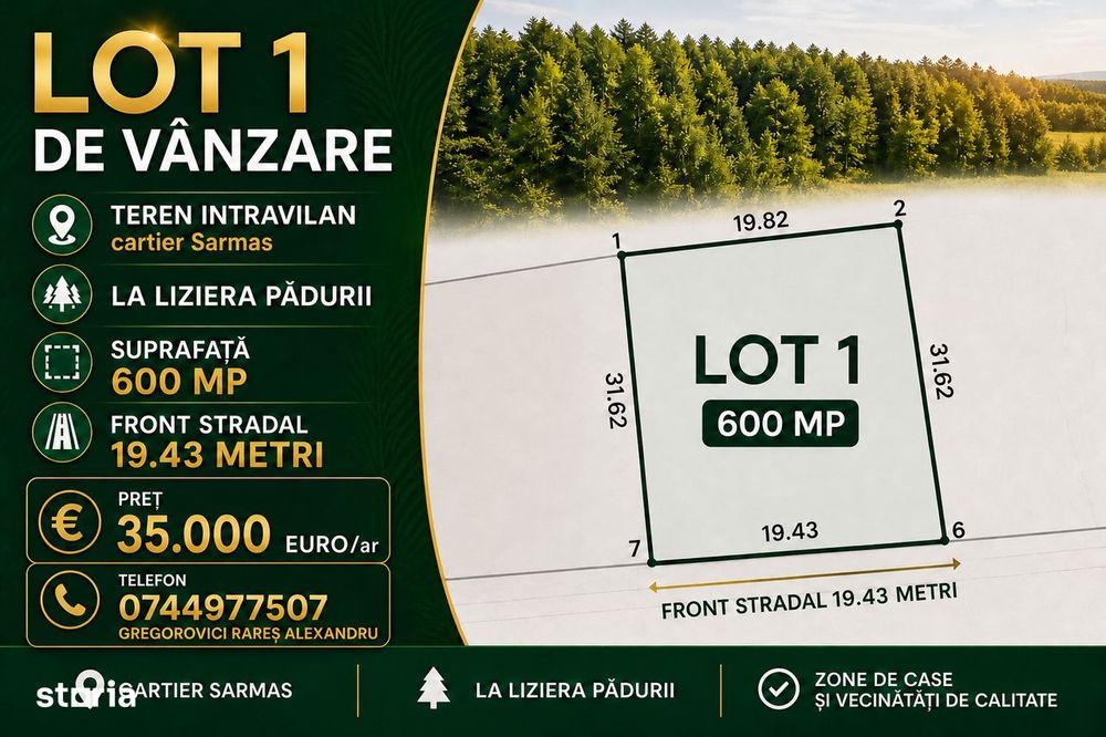 Teren 600 Sărmaş la liziera pădurii front de 20 metri Preț 35.000 Euro