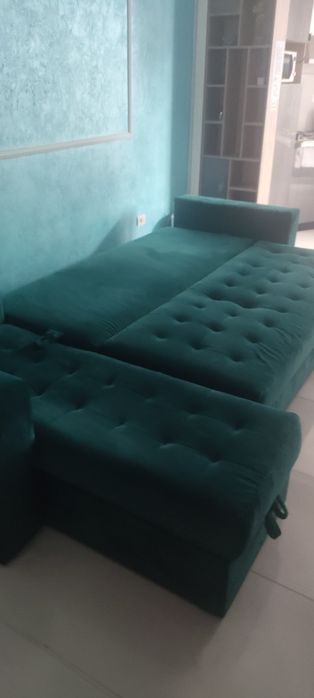 Colțar extensibil catifea verde smarald | Ladă depozitare | 1200 lei