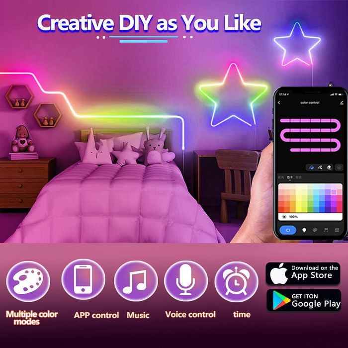Banda LED Neon Flex RGB KWMLIGHT 5M, WiFi, Muzica, Telecomanda, IP67, 24V