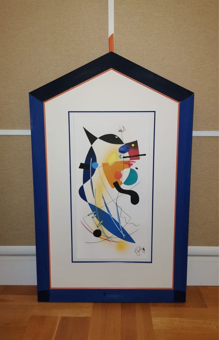 Картина абстрактна сюрреалистична в синя рамка ръчно изработена хартия