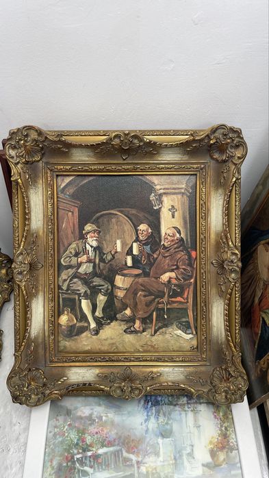 Tablou vintage cu ramă aurie sculptată – scenă rustică deosebită