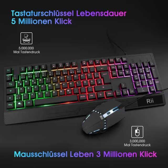 Rii игрова клавиатура и мишка комплект RGB подсветка QWERTZ водоустойчив USB