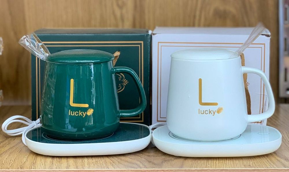 Керамическая кофейная кружка с крышкой и ложкой подарочная с подогрева